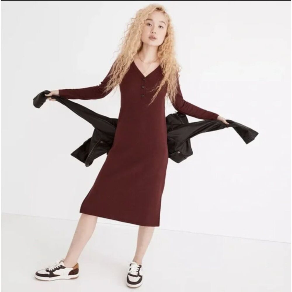 Madewell Long-Sleeve Henley Midi Sweater Dress Medium Red Cranberry Cottage Core